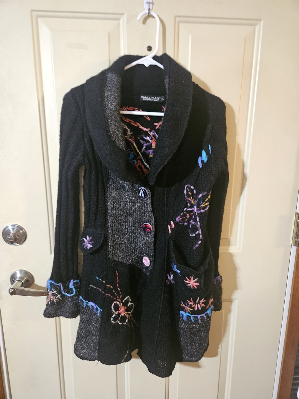 Black Embroidered Shawl Collar Coat